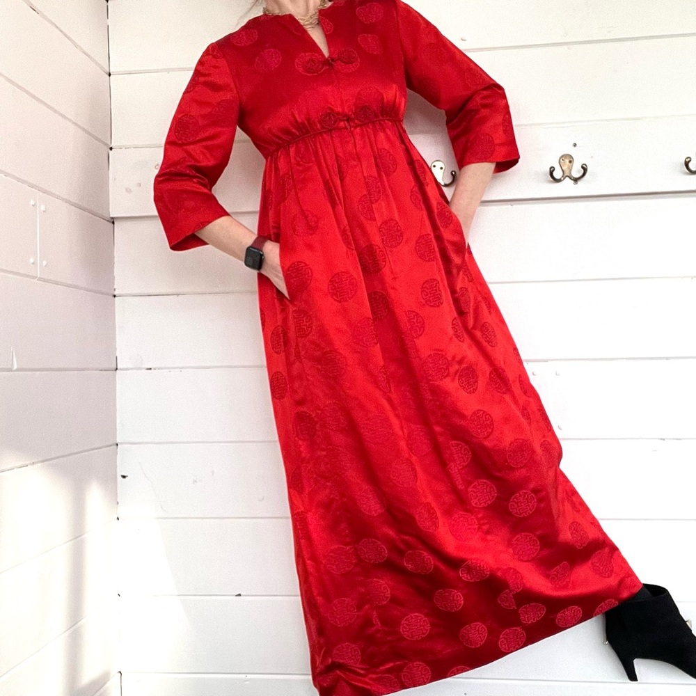 Vintage 60s Lord & Taylor Dynasty Red Empire Waist Maxi Dress. Size 8.